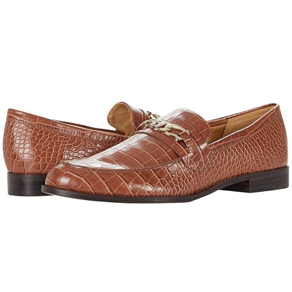 Nine West Womens Only You Crocodile Gold Chain Loafer Tan Size 6.5M